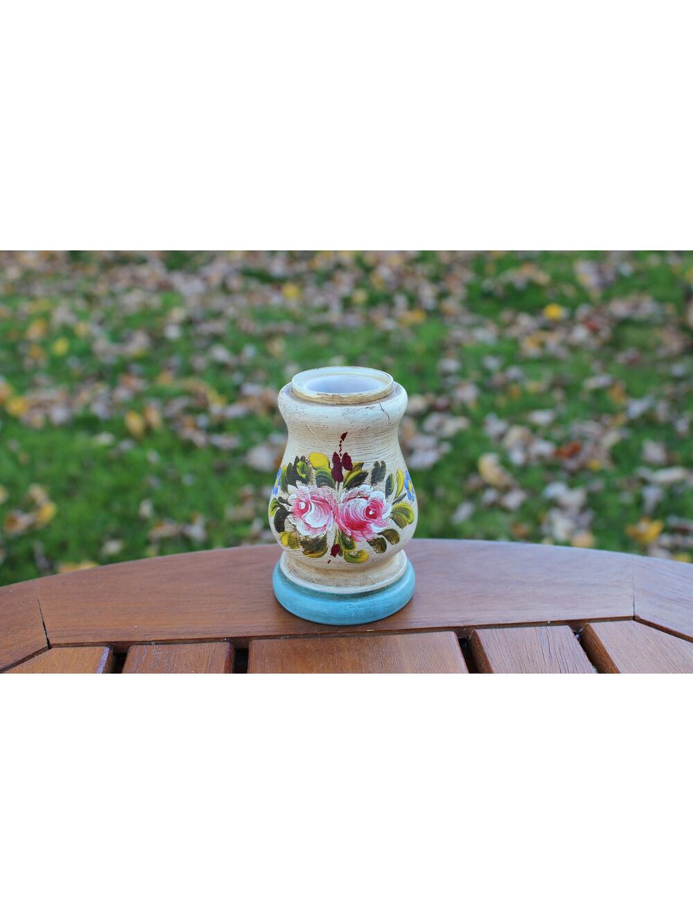 Vintage Floral Motif Wooden Candle Holder, Handmade, Country Farmhouse